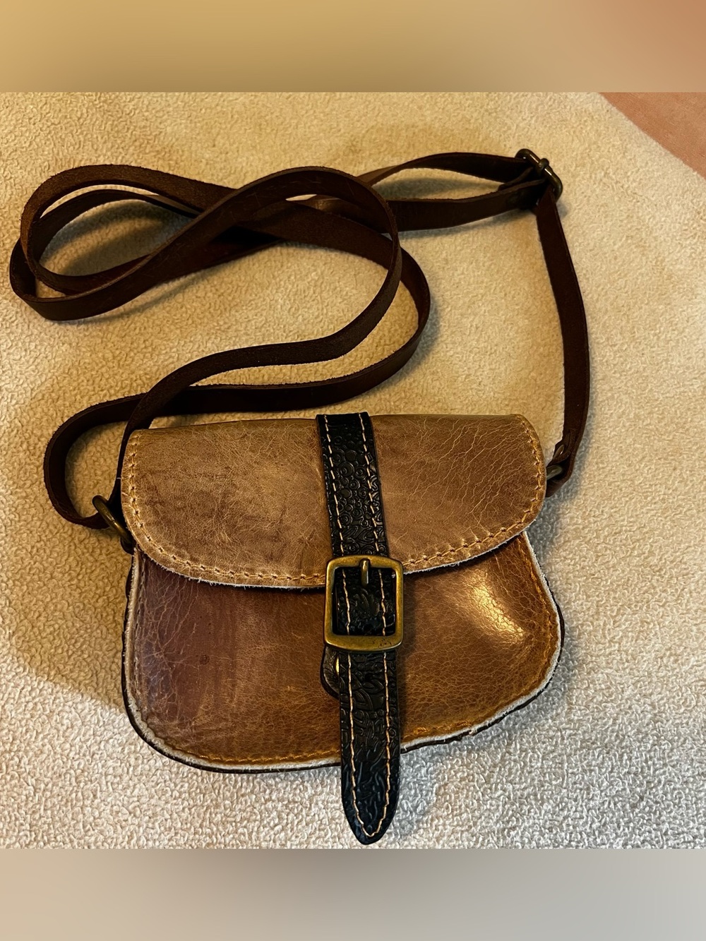 Mini Brown Genuine Leather Crossbody Bag with dark brown Strap